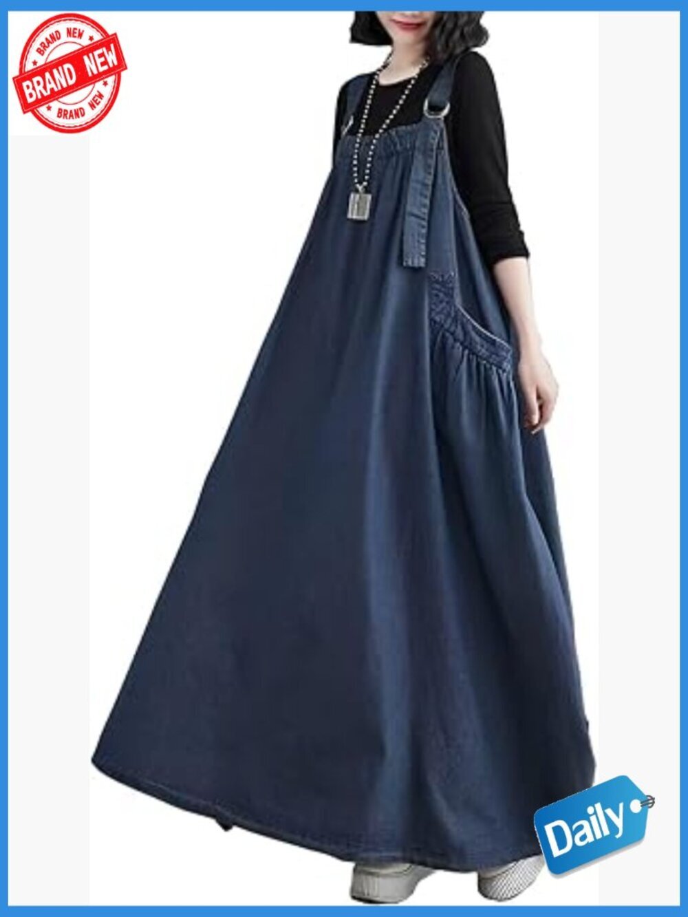 Loose Baggy Maxi Denim Jumper Dress Adjustable Strap Wide Hem Overalls